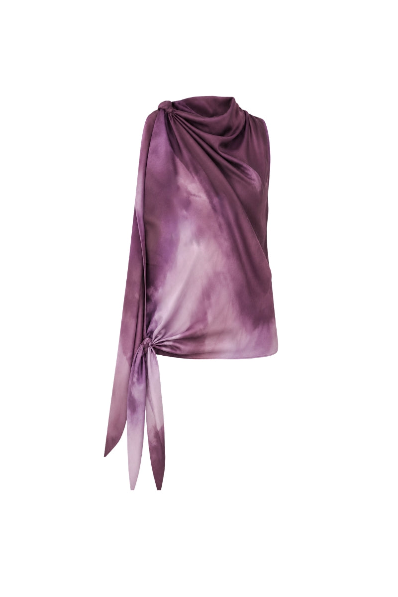 Tinta Latina Lumara blouse in purple print, lightweight top with floral design, short sleeves, and relaxed fit.
