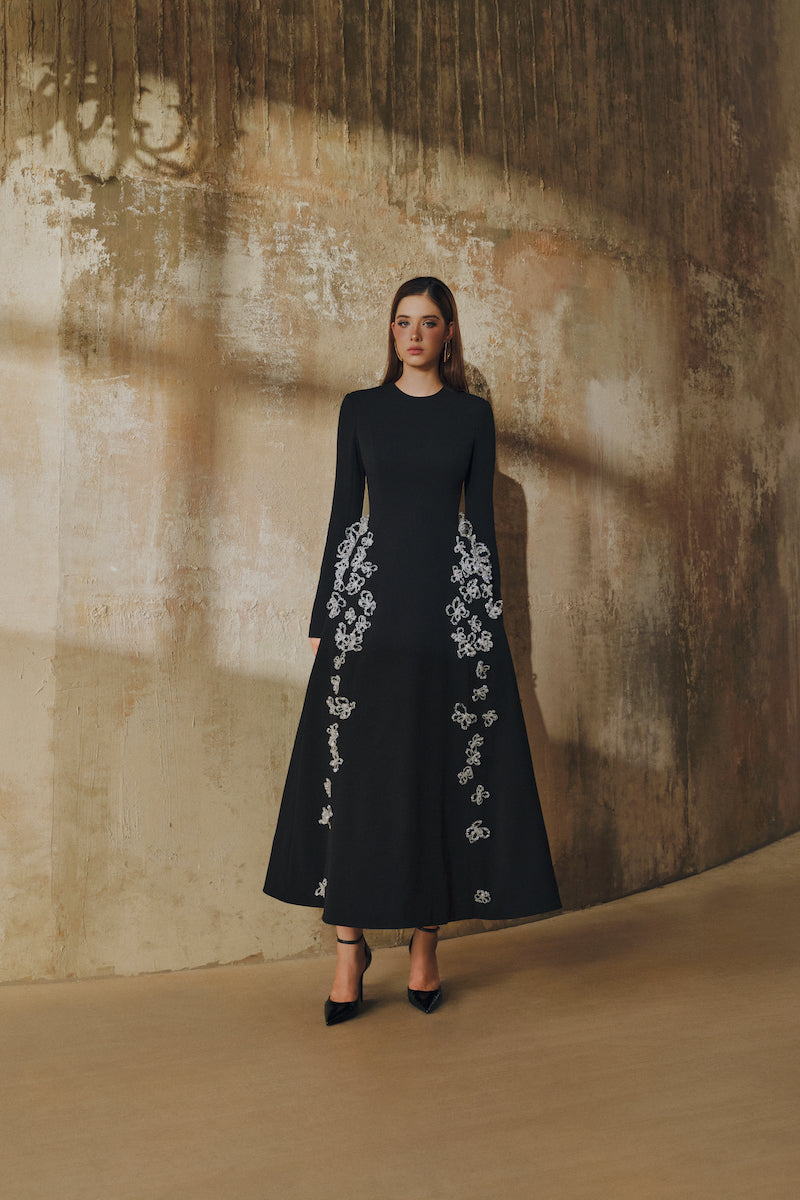 L'SCARLETT flared long-sleeve midi dress with 3D crystal floral design, stylish and elegant for special occasions.