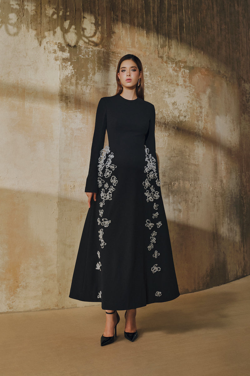 FLARED LONG-SLEEVES 3D CRYSTAL FLORAL MIDI DRESS