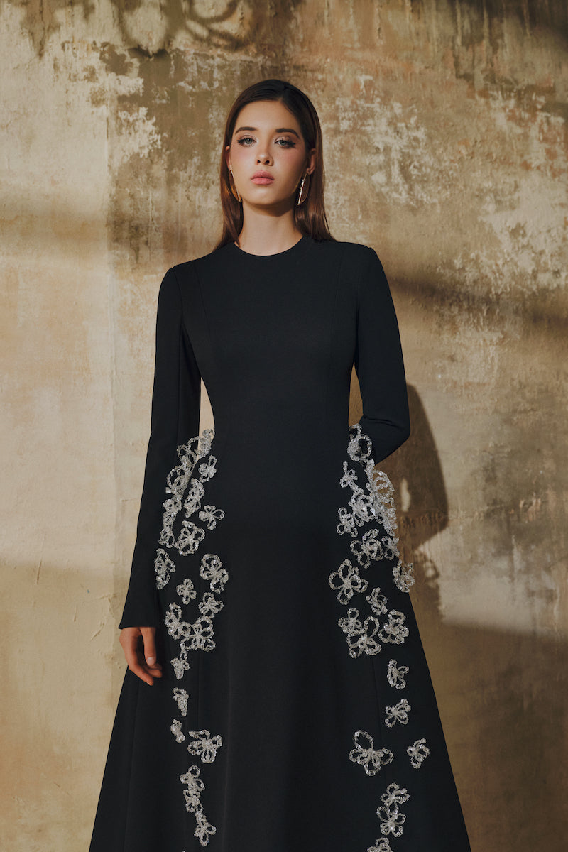L'SCARLETT flared long-sleeve 3D crystal floral midi dress, elegant evening wear with intricate floral detailing.