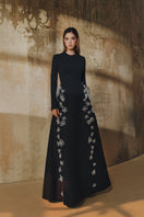 L'SCARLETT flared long-sleeve 3D crystal floral gown with intricate embroidery and flowing design, perfect for elegant occasions.