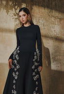 L'SCARLETT flared long-sleeve gown with 3D crystal floral embroidery, elegant evening dress with intricate detailing.