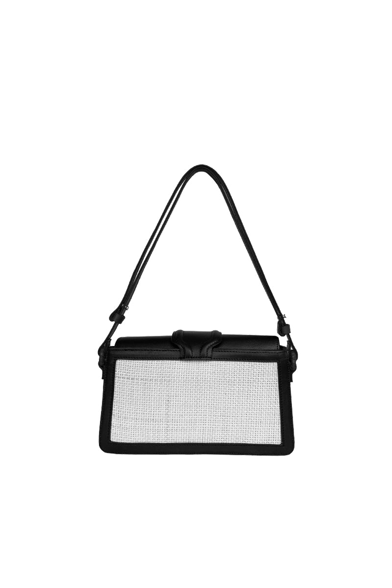 ISIDORA MALVA La Pradera shoulder bag in tan leather with adjustable strap and woven fiber details, stylish and versatile accessory.