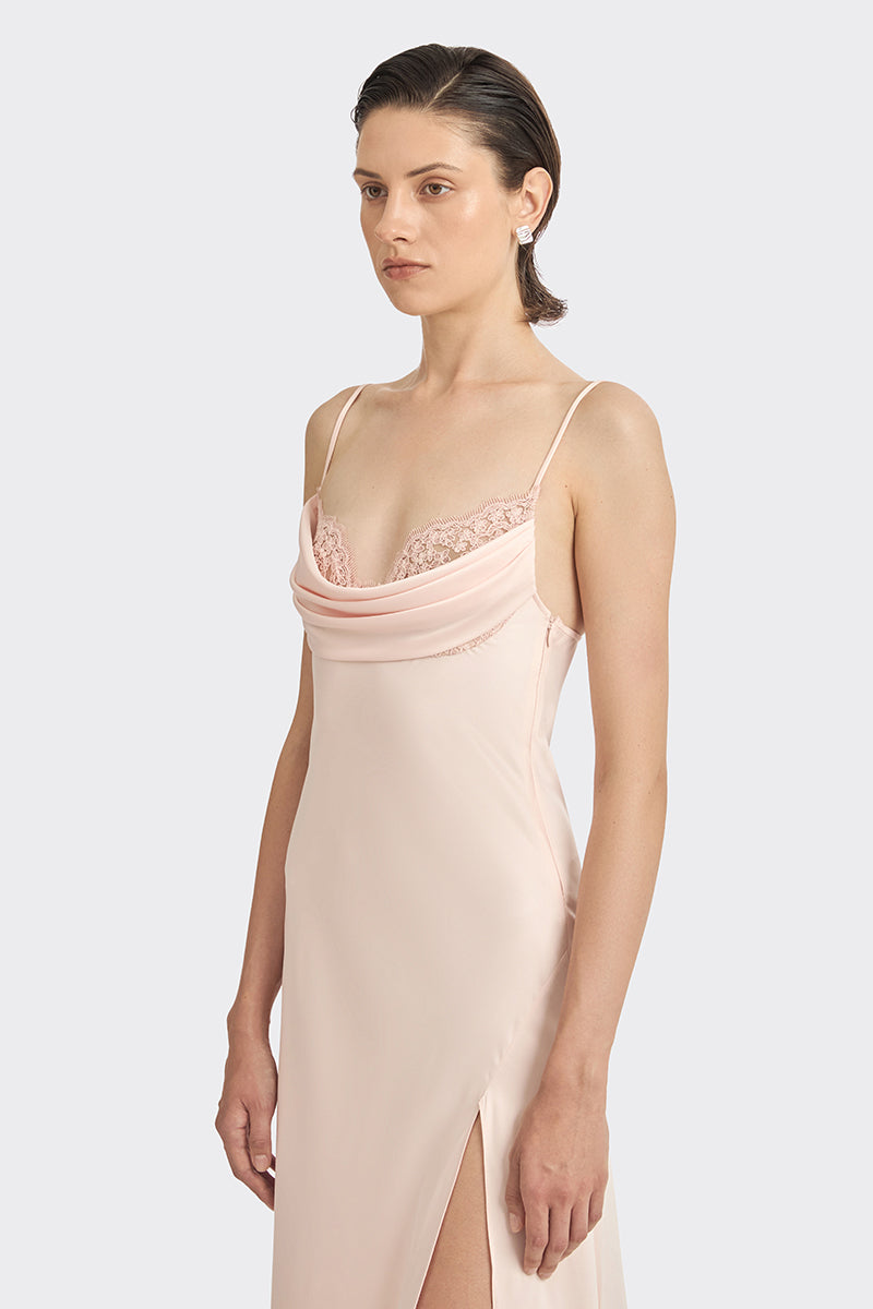 Light pink cowl neck lace midi dress by Stolen Stores featuring delicate lace details and a flowing silhouette.