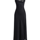 Black cowl neck lace midi dress by Stolen Stores, featuring elegant lace details and a flowing silhouette.