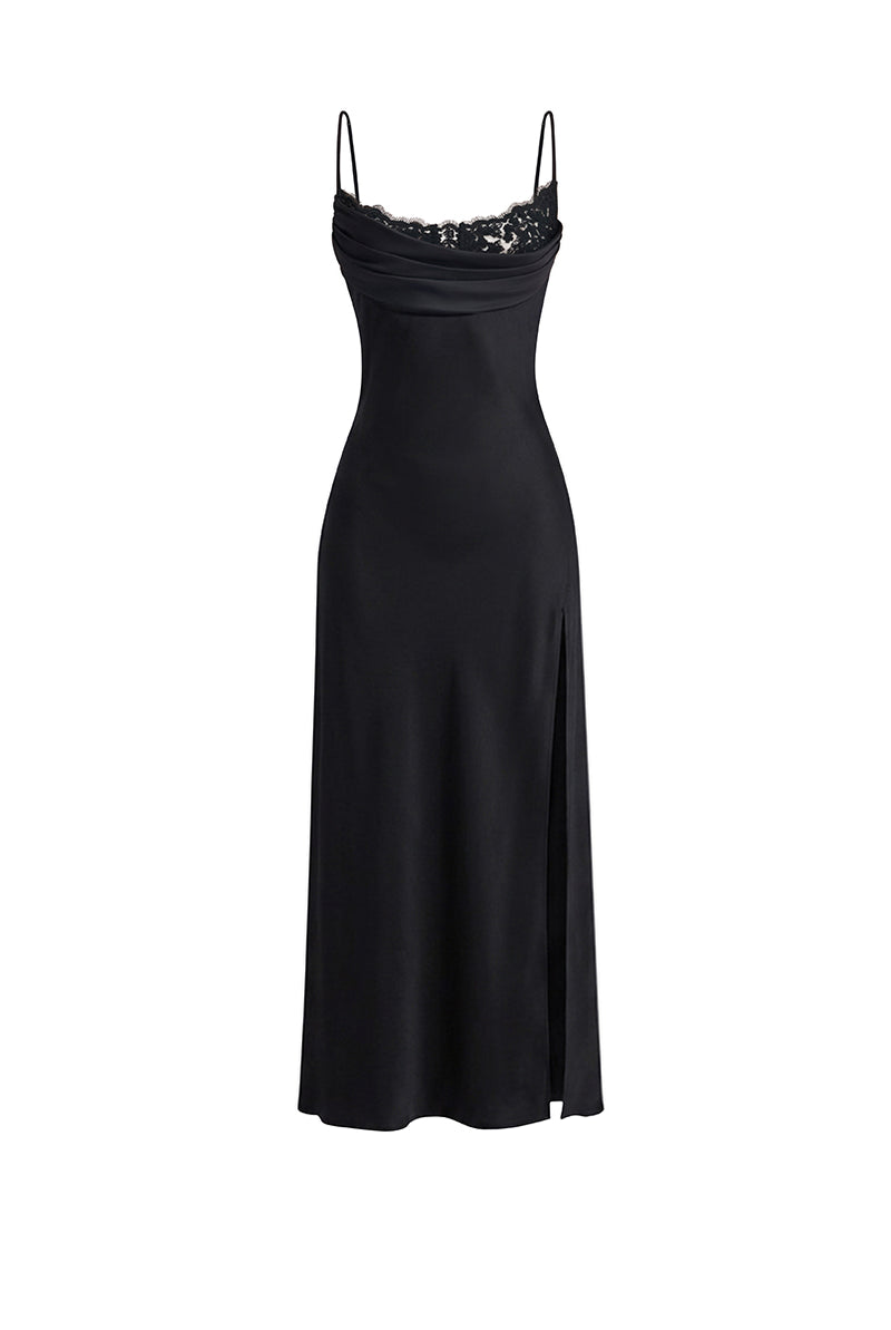 Black cowl neck lace midi dress by Stolen Stores, featuring elegant lace details and a flowing silhouette.