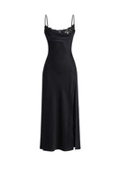 Black cowl neck lace midi dress by Stolen Stores, featuring elegant lace details and a flowing silhouette.