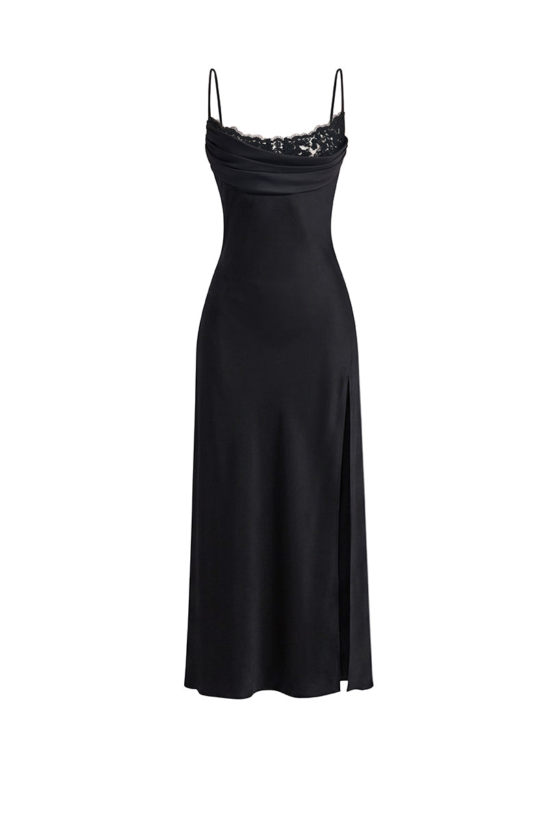 Black cowl neck lace midi dress by Stolen Stores, featuring elegant lace details and a flowing silhouette.