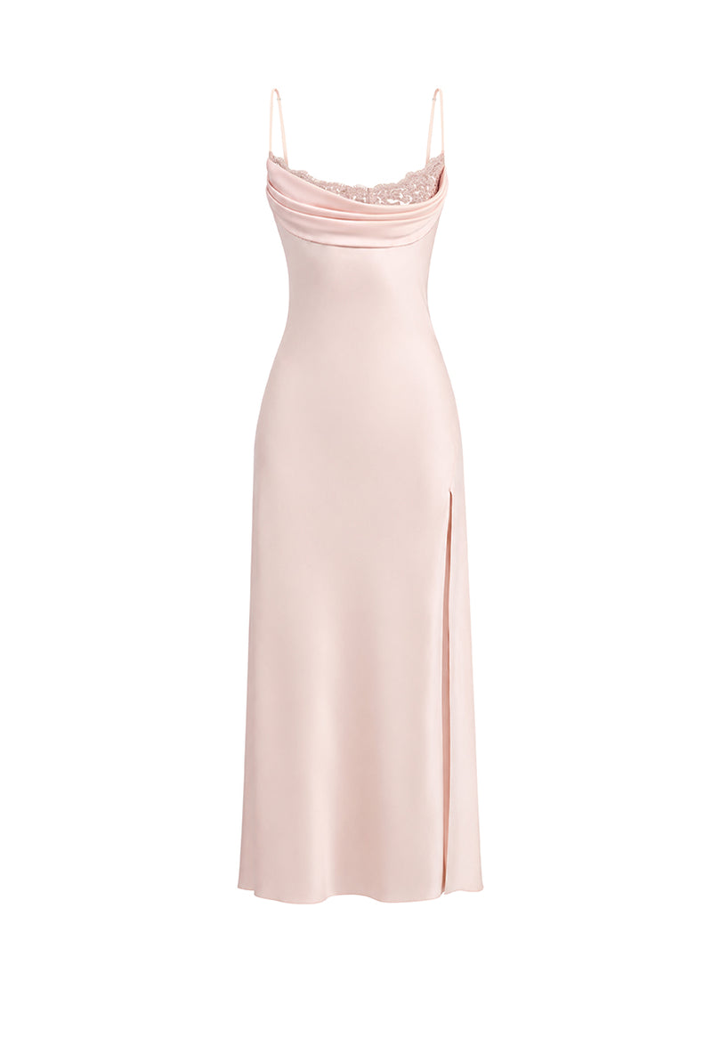 Light pink cowl neck lace midi dress by Stolen Stores, featuring a stylish and elegant design with intricate lace details.