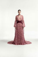 Pink chiffon maxi dress with lace corset detail by Tayfun Kaba, elegant and flowing for special occasions.