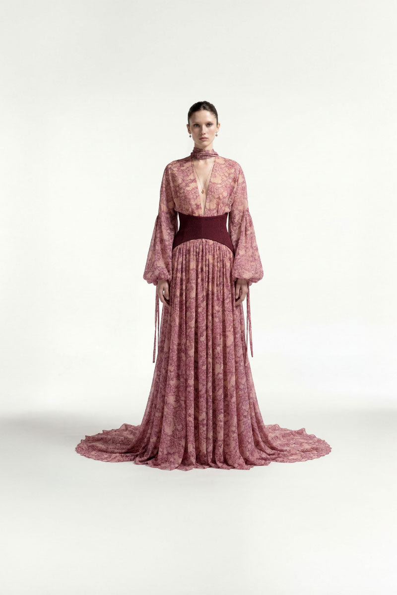 Pink chiffon maxi dress with lace corset detail by Tayfun Kaba, elegant and flowing for special occasions.