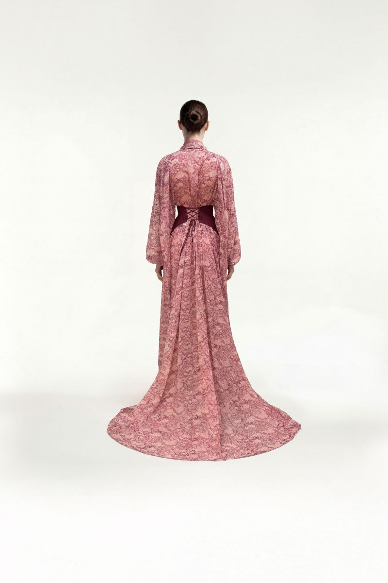 Pink chiffon maxi dress with lace corset detail from Tayfun Kaba, elegant and flowing for special occasions.