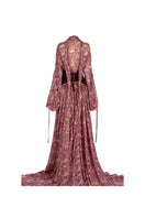 Pink lace corset chiffon maxi dress by Tayfun Kaba, featuring elegant detailing and flowing fabric for a sophisticated look.