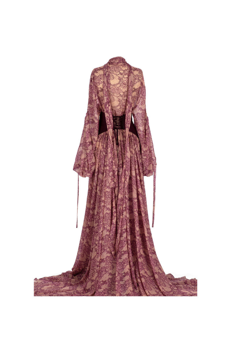 Pink lace corset chiffon maxi dress by Tayfun Kaba, featuring elegant detailing and flowing fabric for a sophisticated look.