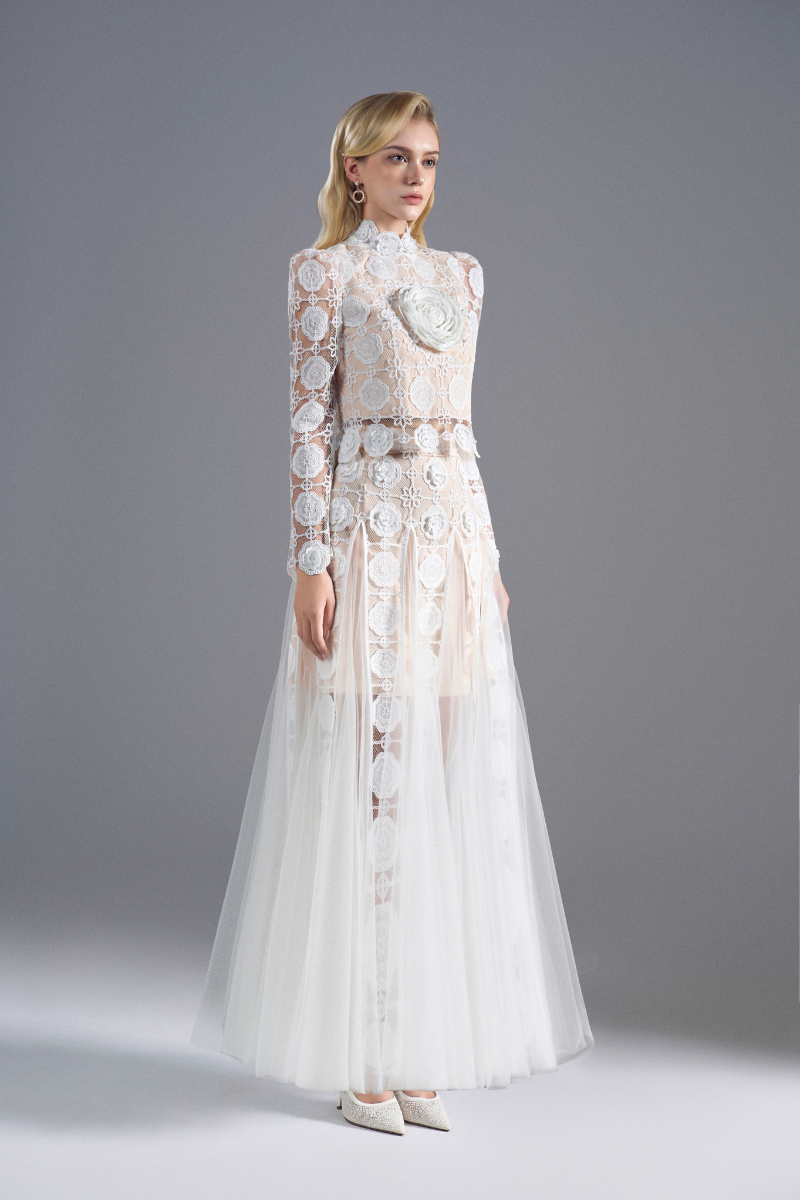 ROSEE de MATIN LONG SLEEVE SEMI SHEER LACE DRESS IN White | Cult Mia ROSEE de MATIN LONG SLEEVE SEMI SHEER LACE DRESS IN White | Cult Mia