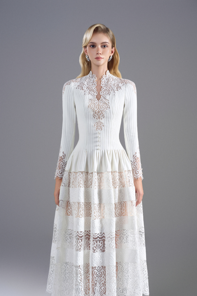 ROSEE de MATIN LACE HIGH-NECK MIDI DRESS IN White