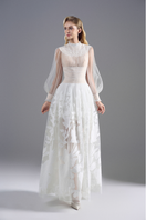 White lace high-neck maxi dress by ROSEE DE MATIN, featuring elegant lace details and a fitted silhouette.