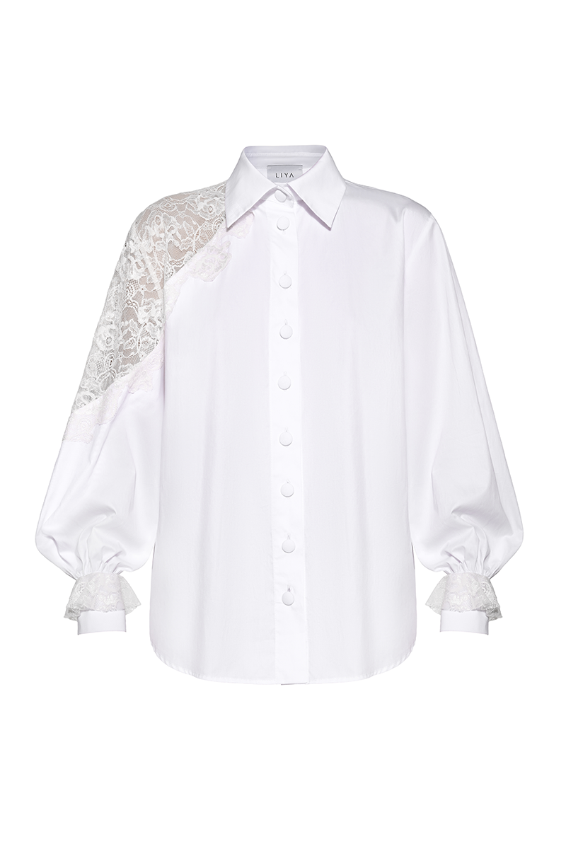 White Liya Lace Reverie Shirt with delicate lace details and a classic fit, perfect for elegant casual wear.