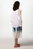 White lace Reverie shirt by Liya, stylish long-sleeve shirt with intricate lace details, perfect for elegant casual wear.