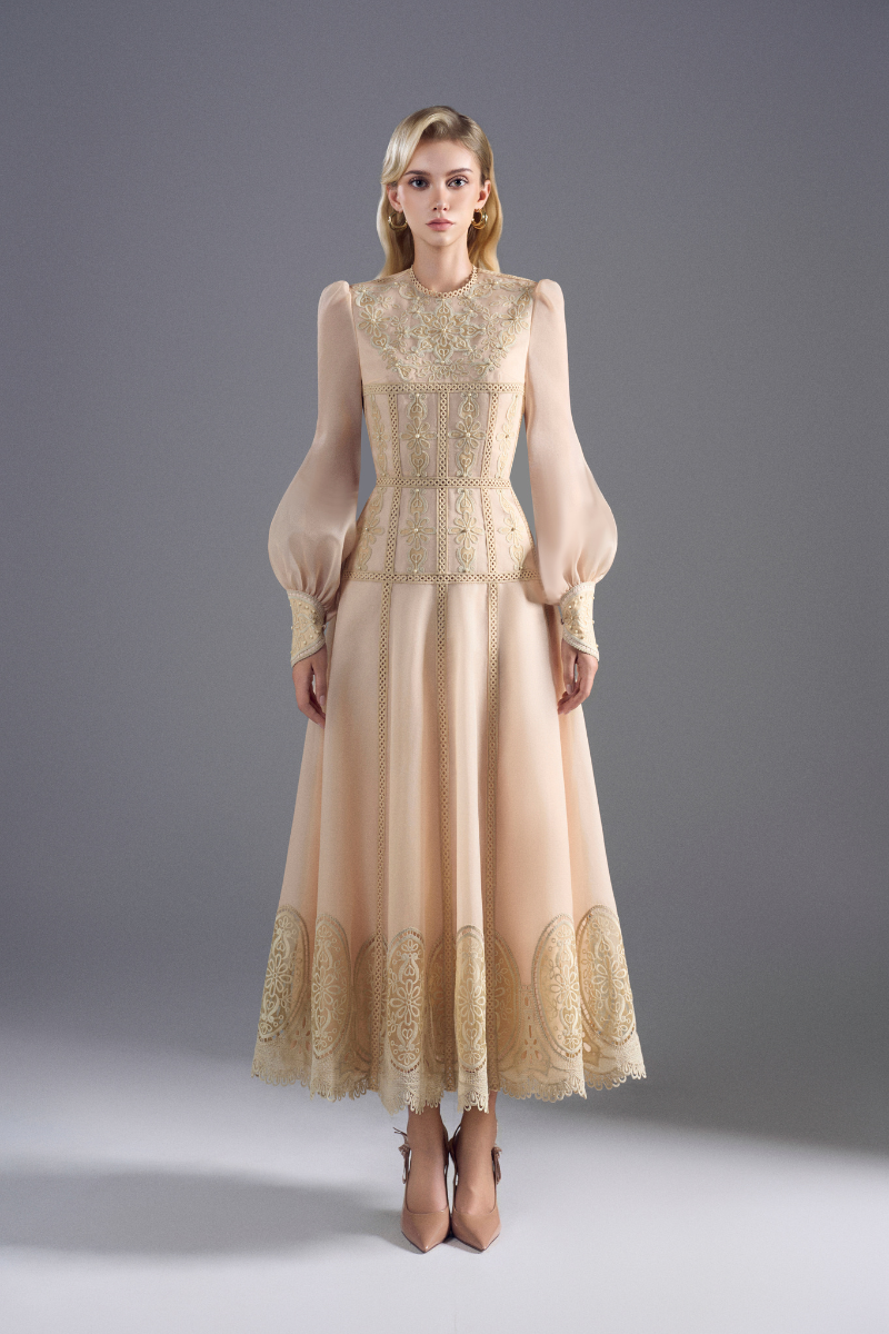 LACE AND ORGANZA LONG SLEEVE IVORY MIDI DRESS