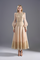 Ivory lace and organza long sleeve midi dress by Rosee de Matin, featuring detailed lace and flowing organza fabric.