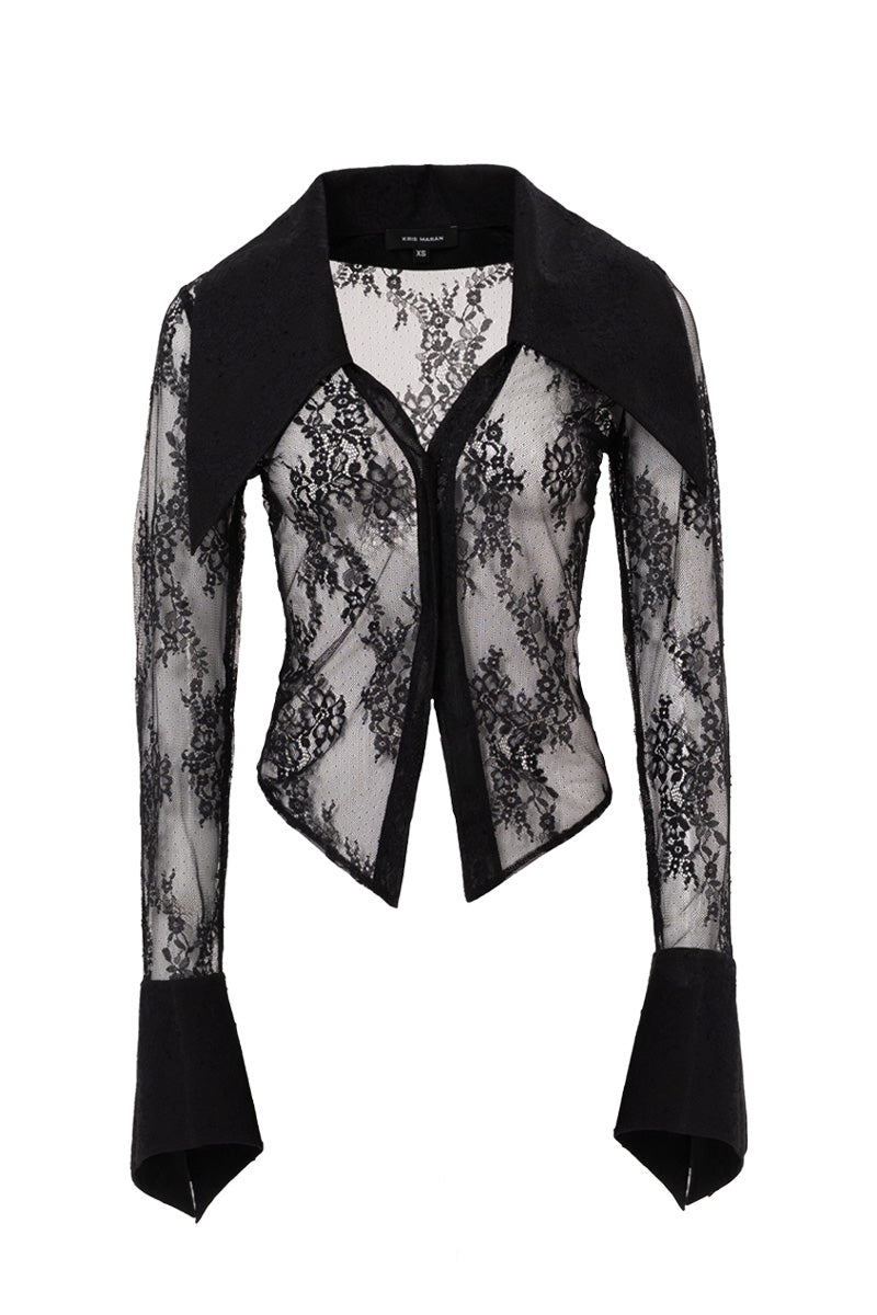 Black laced shirt with oversized collar by KRIS MARÁN, featuring intricate lace details and a stylish, modern design.