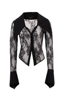 Black laced shirt with oversized collar by KRIS MARÁN, featuring intricate lace details and a stylish, modern design.