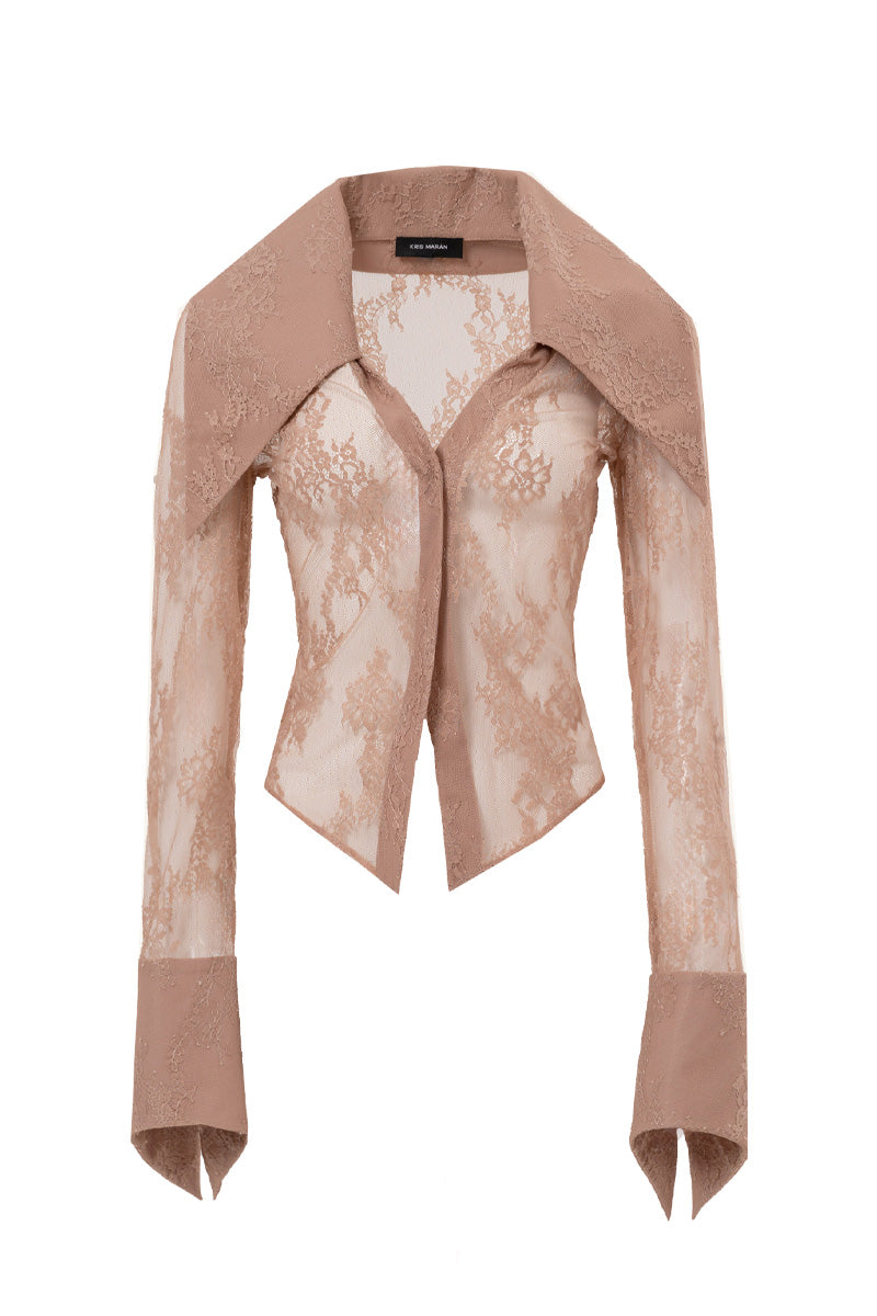 Beige Kris Marán laced shirt with an oversized collar, featuring detailed lace design and stylish, relaxed fit.