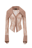 Beige Kris Marán laced shirt with an oversized collar, featuring detailed lace design and stylish, relaxed fit.