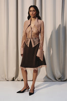 Beige laced shirt with oversized collar by Kris Marán, featuring detailed lace design and relaxed fit.