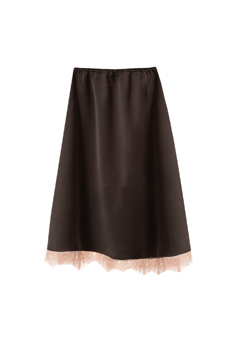 Brown silk midi skirt with elegant lace details by Kris Marán, featuring a flowing design and intricate lace accents.