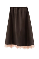 Brown silk midi skirt with elegant lace details by Kris Marán, featuring a flowing design and intricate lace accents.