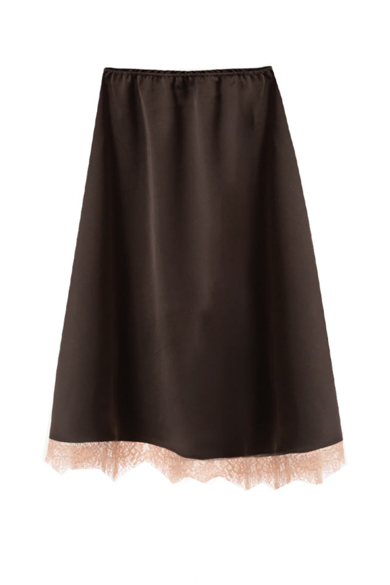 Brown silk midi skirt with elegant lace details by Kris Marán, featuring a flowing design and intricate lace accents.