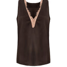 Kris Marán silky lounge top with lace in brown, featuring a relaxed fit and delicate lace detailing on the neckline.