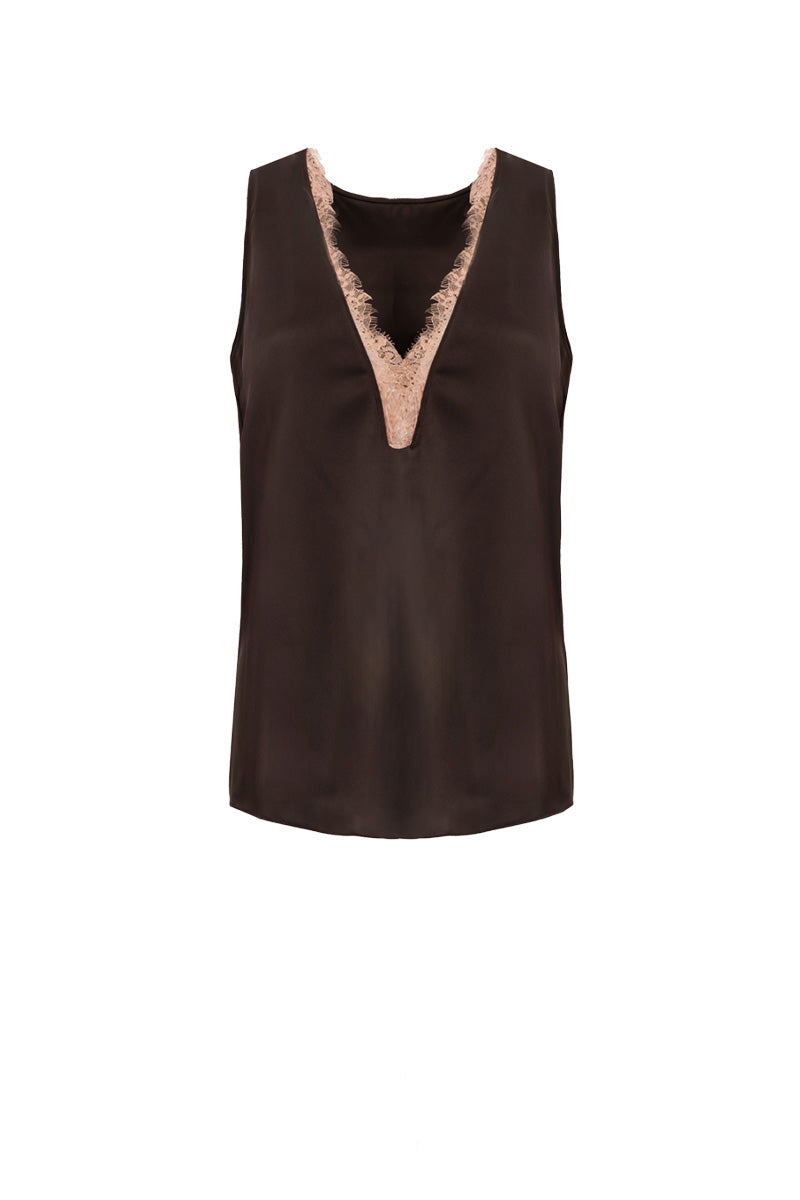 Kris Marán silky lounge top with lace in brown, featuring a relaxed fit and delicate lace detailing on the neckline.