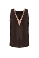 Kris Marán silky lounge top with lace in brown, featuring a relaxed fit and delicate lace detailing on the neckline.