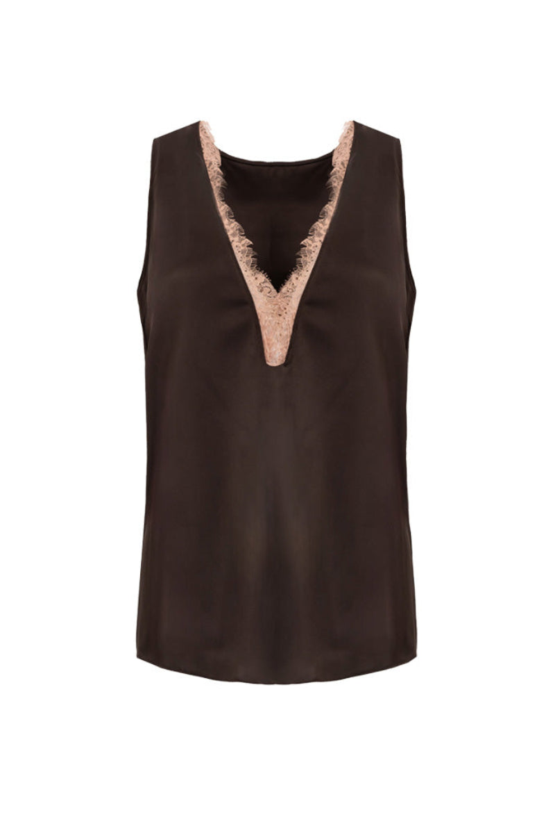Kris Marán silky lounge top with lace in brown, featuring a relaxed fit and delicate lace detailing on the neckline.