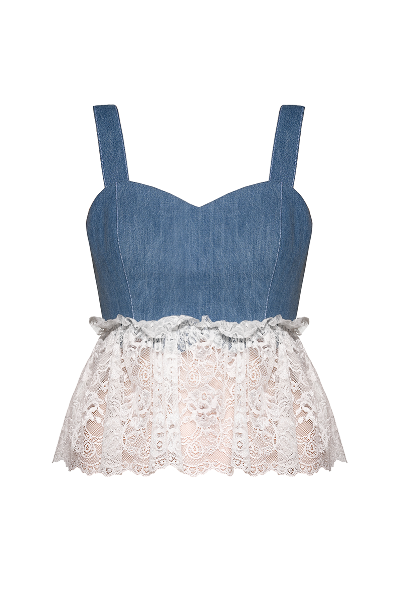 Liya Lacefield Top in blue, stylish women's sleeveless blouse with lace details and a relaxed fit.