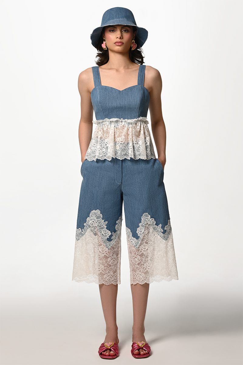 Liya Lacefield top in blue, featuring delicate lace details and a stylish, feminine design.