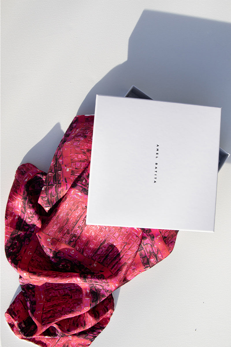 Elegant ladies brocot silk scarf by Amel Batita featuring intricate brocot pattern in a 90x90 cm square.