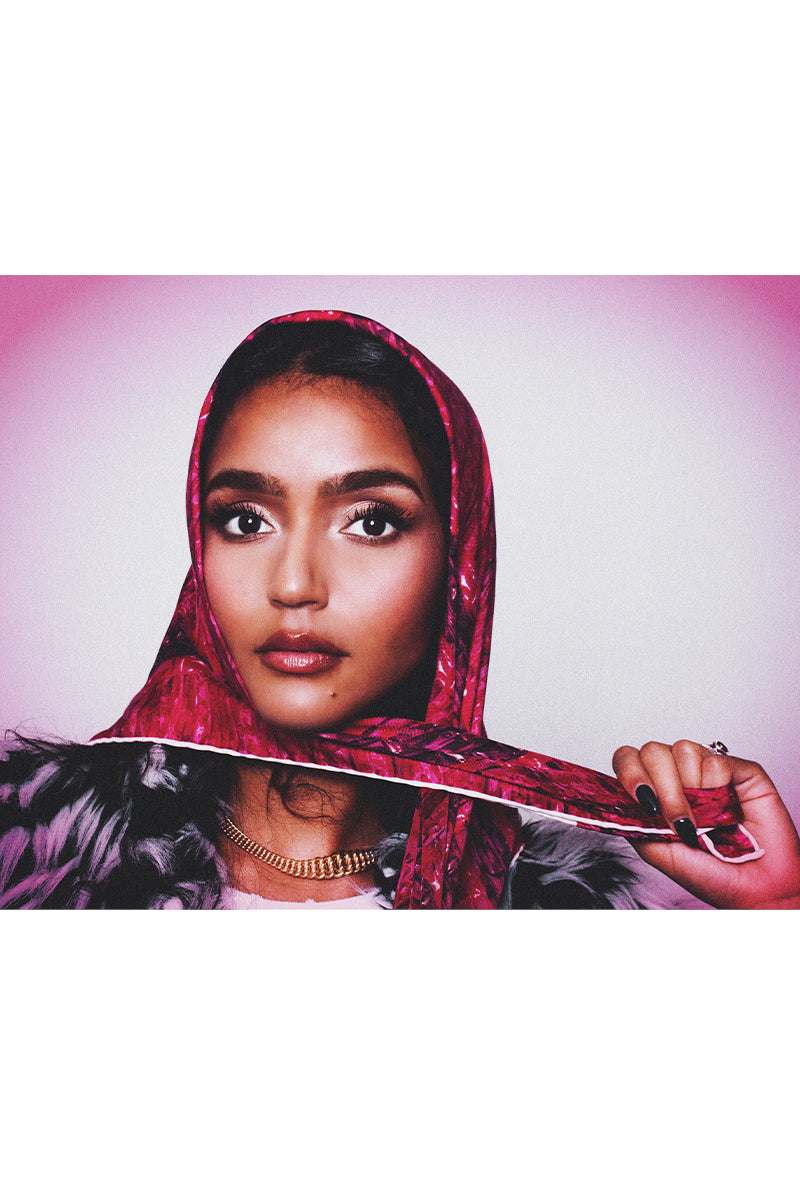 Elegant ladies Brocot silk scarf by Amel Batita featuring intricate brocot pattern and vibrant colors.