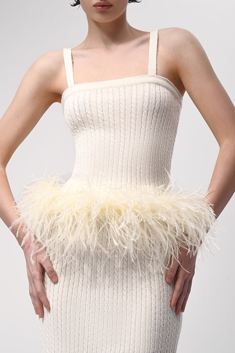 Cream ribbed feather knit midi skirt by Lalo featuring a textured, fitted design perfect for stylish casual wear.