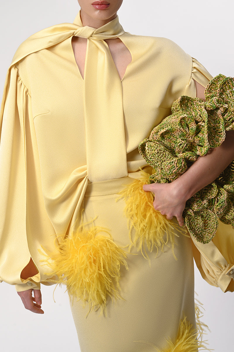 BUTTER YELLOW PENCIL SKIRT WITH FEATHER DETAILS | CULT MIA