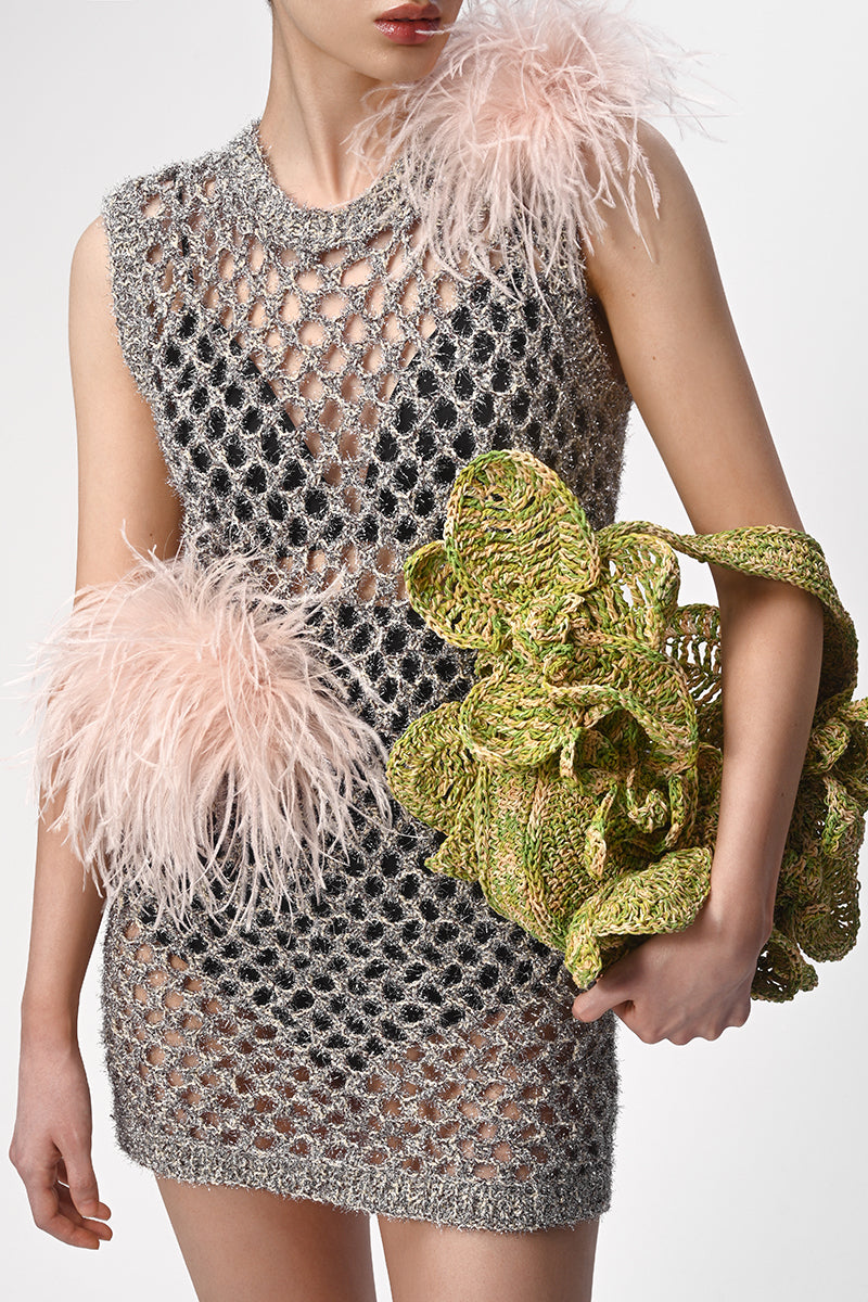 feather mesh dress Glamor and Drama Mesh Sequin Patchwork Feather Trim Stretch Midi Dress
