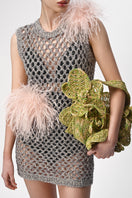 Lalo mesh mini dress with feather details, sleeveless design, fitted silhouette, perfect for stylish occasions.