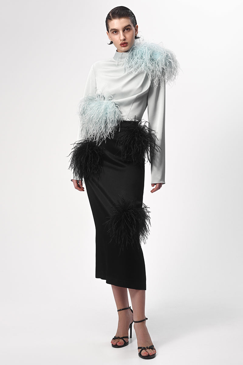 BLACK PENCIL SKIRT WITH FEATHER DETIALS | CULT MIA | Lalo BLACK PENCIL SKIRT WITH FEATHER DETIALS | CULT MIA | Lalo