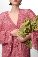 Pink metallic hand-knit coat by Lalo featuring a cozy, textured design perfect for stylish winter wear.