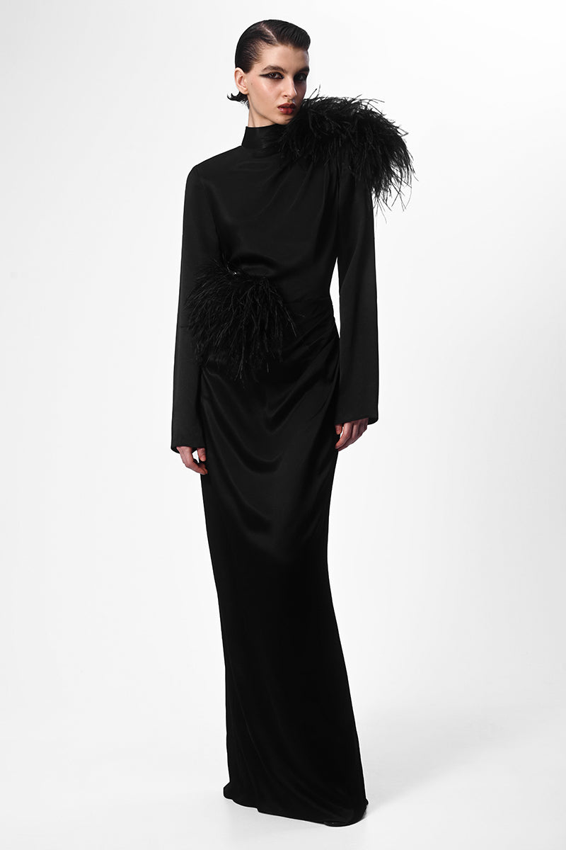 LONG SLEEVE HIGH NECK BLACK DRESS WITH FEATHER DETIALS | CULT MIA | Lalo LONG SLEEVE HIGH NECK BLACK DRESS WITH FEATHER DETIALS | CULT MIA | Lalo