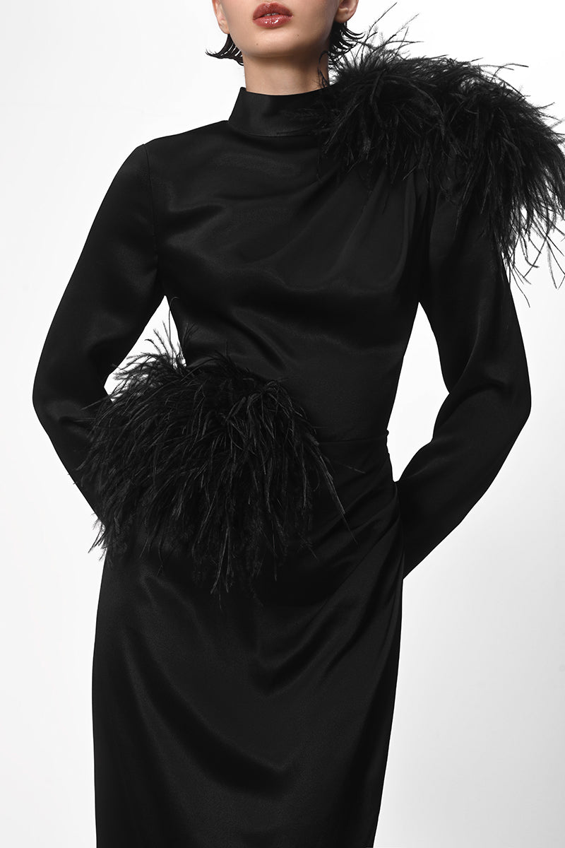 LONG SLEEVE HIGH NECK BLACK DRESS WITH FEATHER DETIALS | CULT MIA | Lalo LONG SLEEVE HIGH NECK BLACK DRESS WITH FEATHER DETIALS | CULT MIA | Lalo