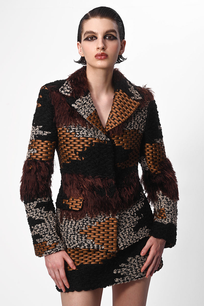 Lalo hand-knit shaped jacket in brown multi with a cozy, textured knit design and fitted silhouette.